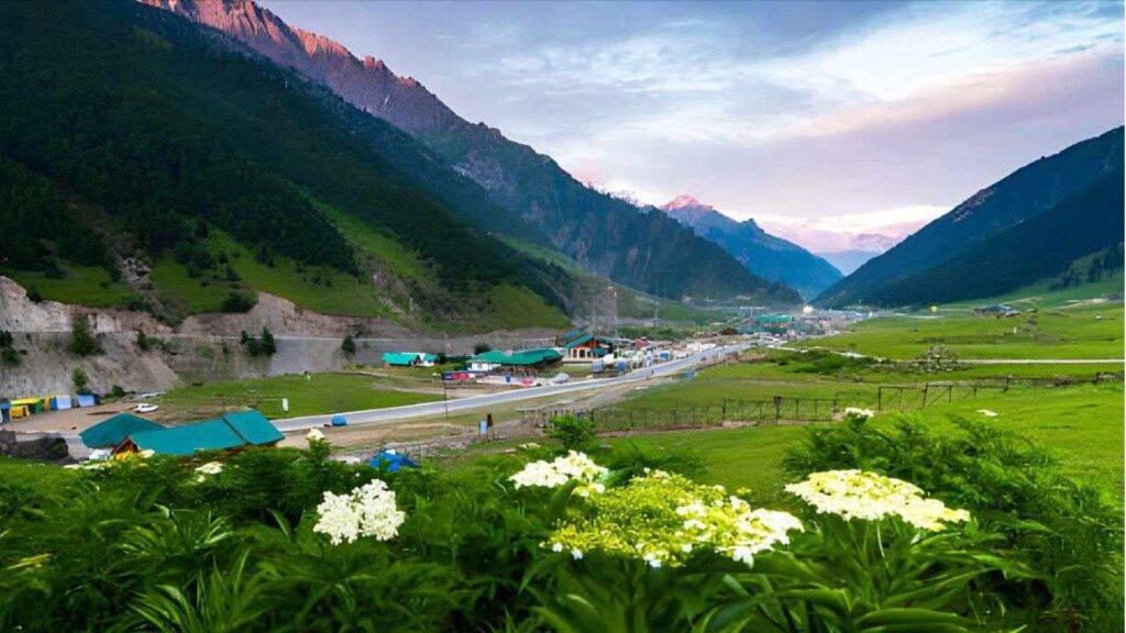 A picturesque valley with green meadowsnd blue-roofed buildings. Surrounded by tree-covered mountains, it’s perfect for a Kashmir Family Tour package.